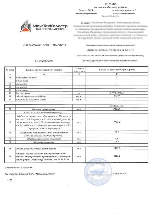 Садик NEWПитер Справка ТЭП